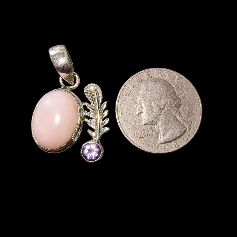Pink Opal, Amethyst And Sterling Silver Pendant With Feather Detail - Picture 5 of 9
